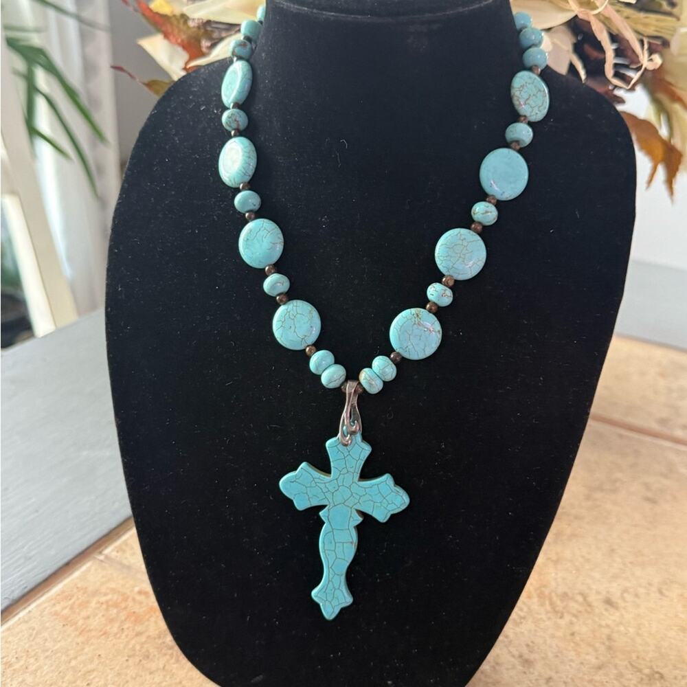 925 Sterling Silver Howlite Beaded Cross Pendant Necklace